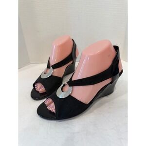Impo Vamos Black Stretch Mesh Silver Accent Slingback Wedge Sandals Sz 7M